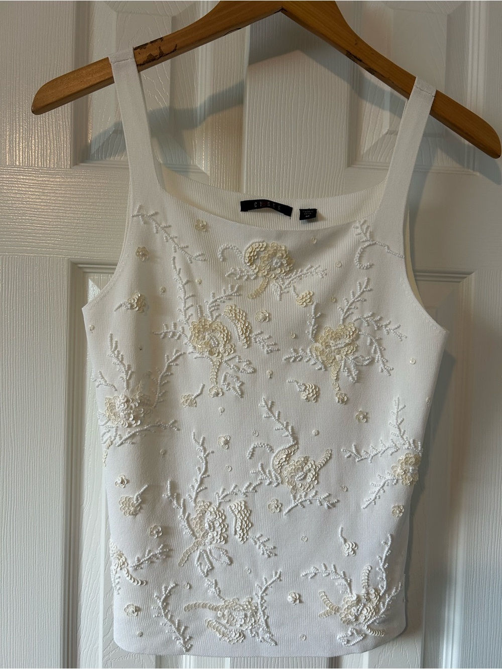 Cyrus White Tank Top with Cream Floral Appliqué